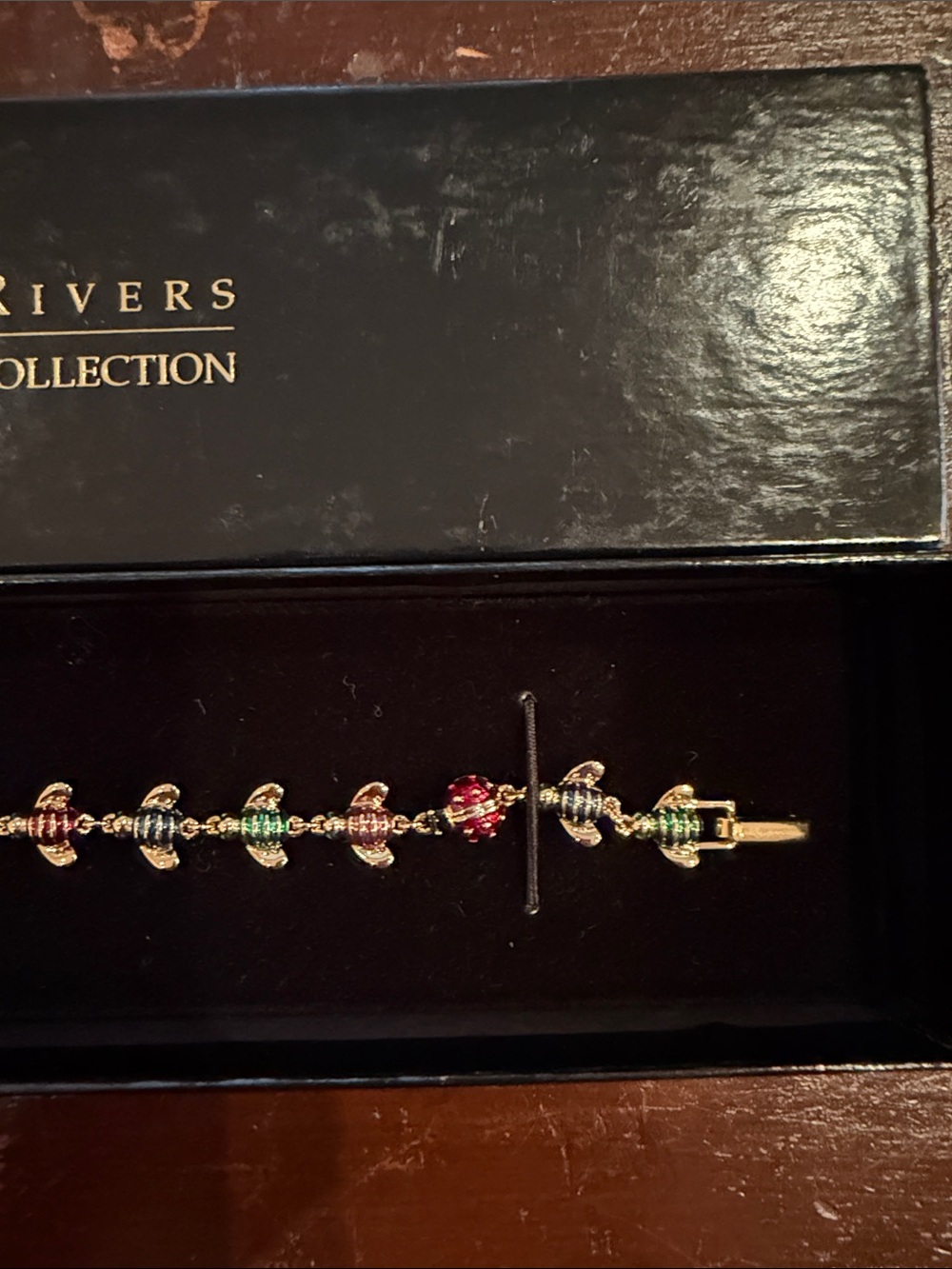 Joan Rivers Gold-Tone Bracelet w/Red Green & Blue Bumblebees & 1 Sweet Ladybug